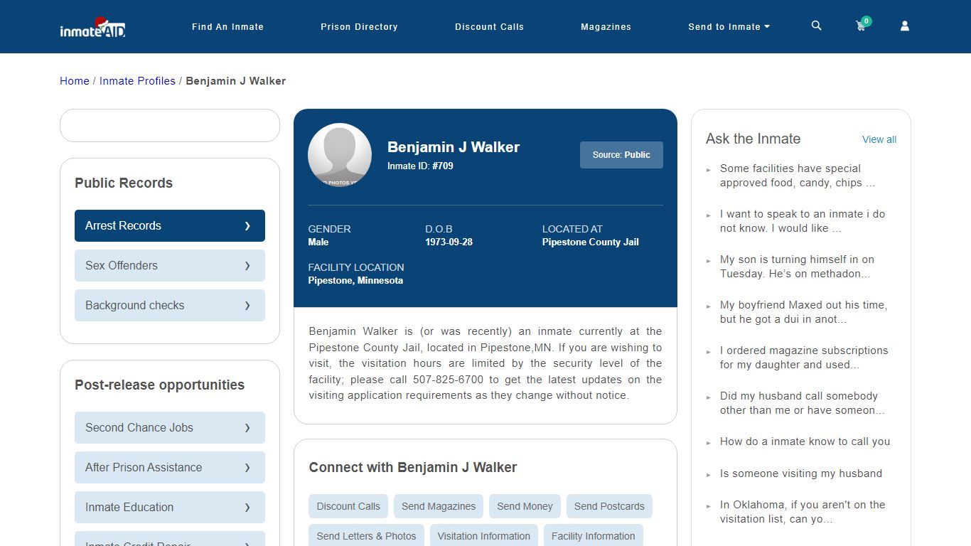 Inmate Search: Benjamin J Walker 709, Pipestone, Minnesota